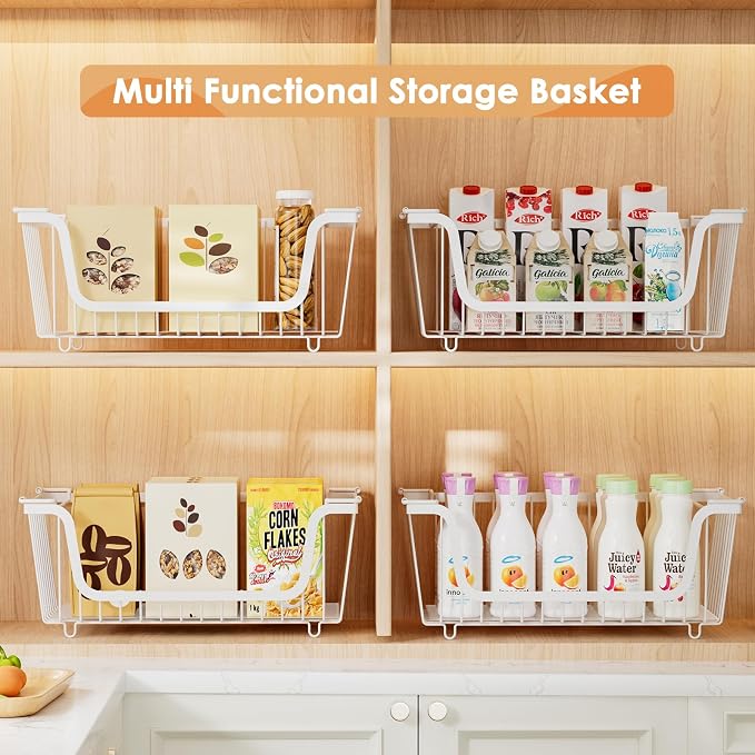 4 Pcs Stackable Wire Baskets for Pantry Organizers and Storage, White