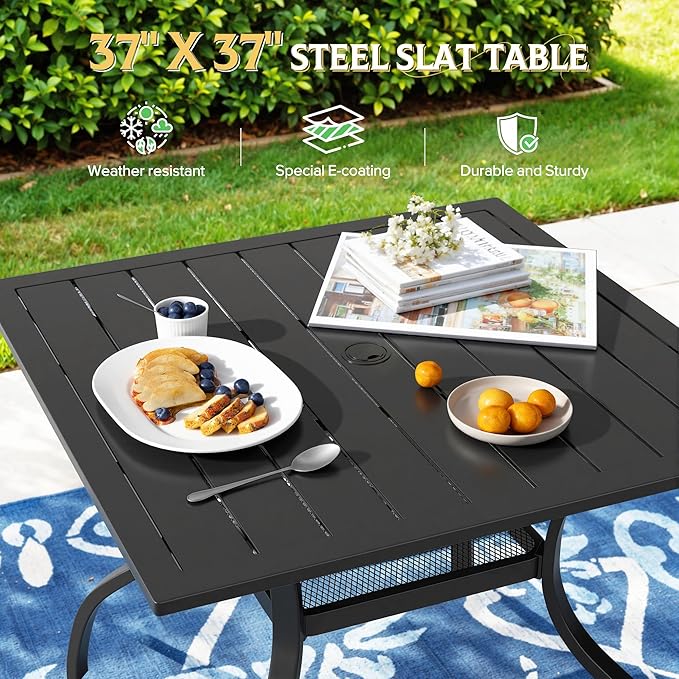 Oakcloud 37" x 37" Patio Dining Table, Outdoor Metal Square Table Patio Furniture Classic Black Table with 1.57" Umbrella Hole, for Garden Backyard Poolside Deck
