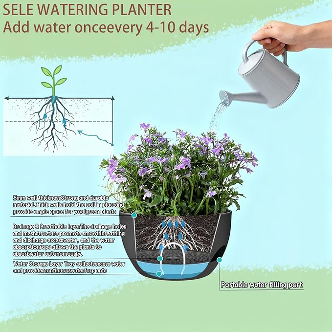 Set of 4-8 Inch Self Watering Hanging Planters for Indoor Outdoor，Hanging Plant Pots with Drainage & Removable Tray, Hanging Pots Holder for Ivy, Pothos, Ferns, Balcony & Patio, Black