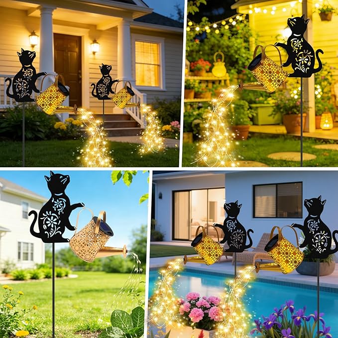 VOOKRY Solar Watering Can Lights Outdoor with Cat Silhouette Stake, Garden Gifts for Mom, Women & Garden Lovers Waterproof Metal Garden Lantern, Decorative Yard Patio Lawn Pathway Decor(1 Pack)