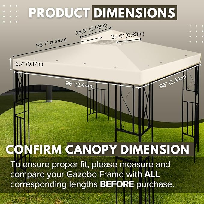 Flexzion Gazebo Cover Replacement Canopy Top 8x8 Ft (2.4m x 2.4m) - Double Tier Top Canopy Cover Replacement with UV30+, Dirt, Water Resistant for Outdoor, Sunshade, Garden, Patio, Pavilion (Ivory)