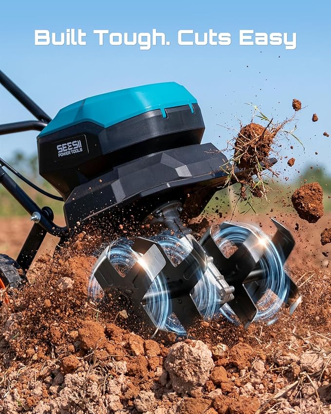 Seesii 40V Cordless Tiller for Gardening, 12" Electric Garden Tiller Cultivator with 2×5.0Ah Batteries & Charger, 8" Depth, Adjustable Handle & Wheel, Heavy Duty Rototiller for Lawn &Soil Cultivation