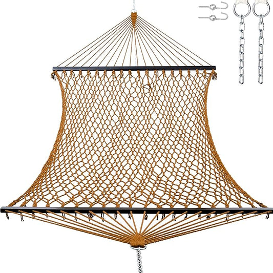 Gafete 12ft Double Hammocks for Outside, Handwoven Traditional Cotton Rope 2 Person Hammock with Hardwood Spreader Bar, Chains & Hooks for Indoor Outdoor, Max 450 lbs Capacity (Coffee Brown, Medium)