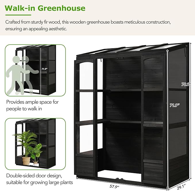 Walk-in Greenhouse for Outdoor 78 Inch Wooden Green House Cold Frame with 2 Doors 4 Openable Independent Skylights 2 Folding Middle Shelves Heavy Duty Plant Gardening Green House for Backyard, Black