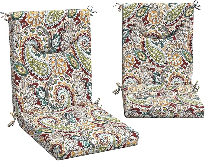 DYTXIII Outdoor High Back Chair Cushions Set of 2, 44x20 in Water Repellent Patio Seat Cushions with Elastic Sponge, All Weather Cushions for Rocking, Dining Chairs, Patio Furniture - Paisley Chilli