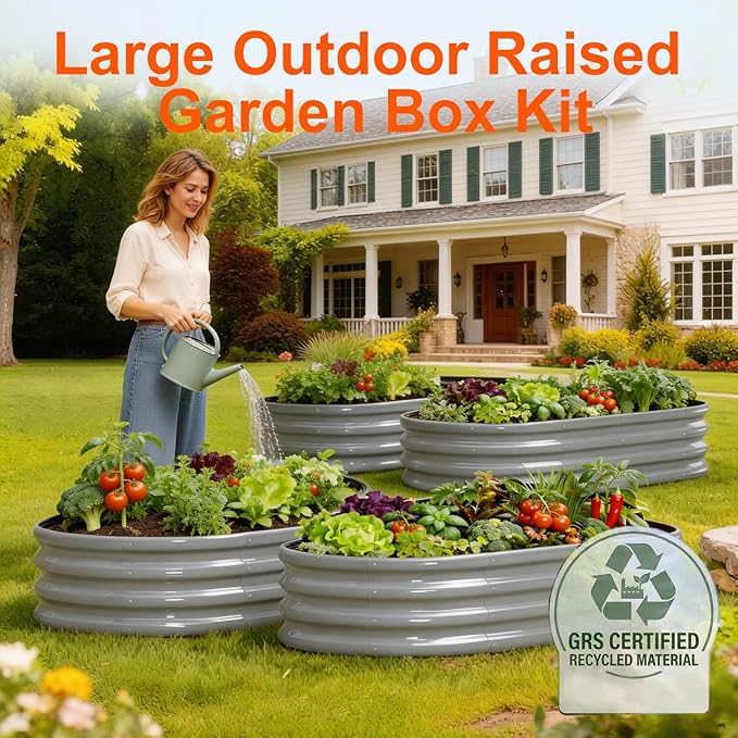 Rakukiri Raised Garden Bed Outdoor 2 Sets Oval Large Coating Metal Planter Box with No Heavy Metal for Vegetables, Flowers, Herbs