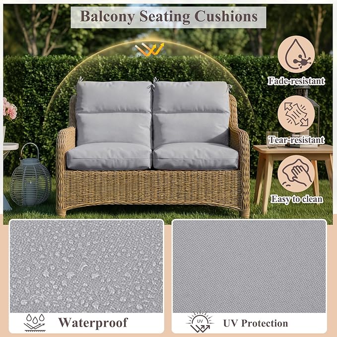 Geelin 2 Pack Outdoor/Indoor High-Back Chair Cushions 44×21 in, Stuffed Tufted Replacement Patio Chair Cushions with Ties Weather Resistant Pads for Patio Furniture (Light Gray)