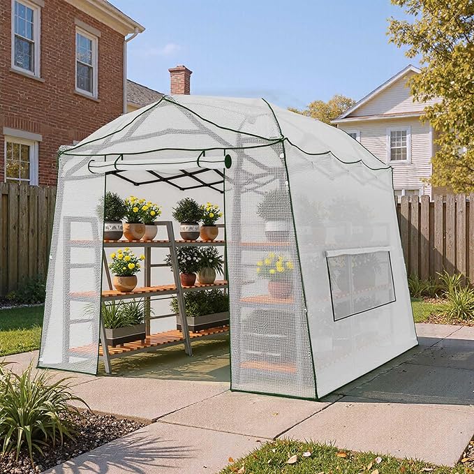 11 x 8.5 ft Pop-up Greenhouse, Walk-in Garden Green House, 4-Sided Ventilation, Heavy Duty Steel Frame, Weather-Resistant PE Cover for Indoor Outdoor with Zippered Doors