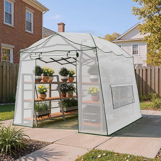 11 x 8.5 ft Pop-up Greenhouse, Walk-in Garden Green House, 4-Sided Ventilation, Heavy Duty Steel Frame, Weather-Resistant PE Cover for Indoor Outdoor with Zippered Doors