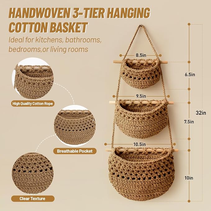 3 Tier Cotton Woven Wall Hanging Fruit Basket, 32 Inch