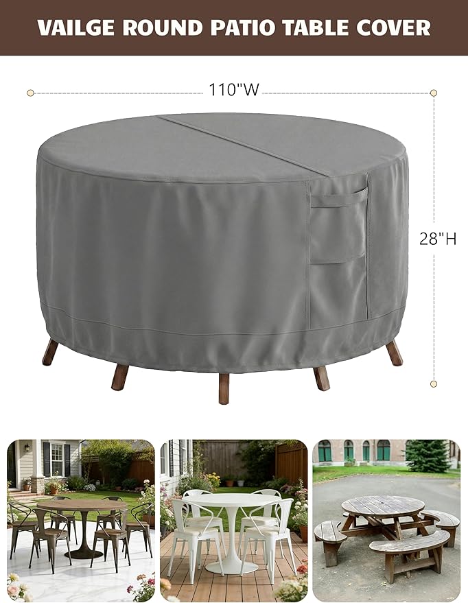 Vailge Patio Furniture Covers Round, Outdoor Furniture Covers Waterproof Windproof, 600D Oxford Outdoor Patio Table and Chair Cover (Grey, 110"DIAx28"H)