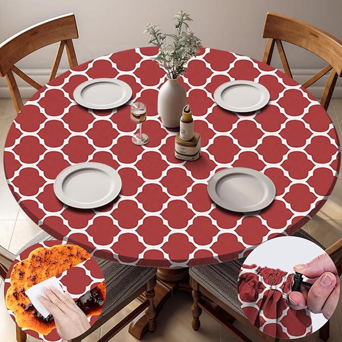 Fitted Round Tablecloth Wipeable Table Cloths Vinyl Indoor Outdoor Circle Covers for 36-44inch Table Dining Living Room Home Must Haves Gifts Summer Fall Patio Picnic Camping Garden Stuff