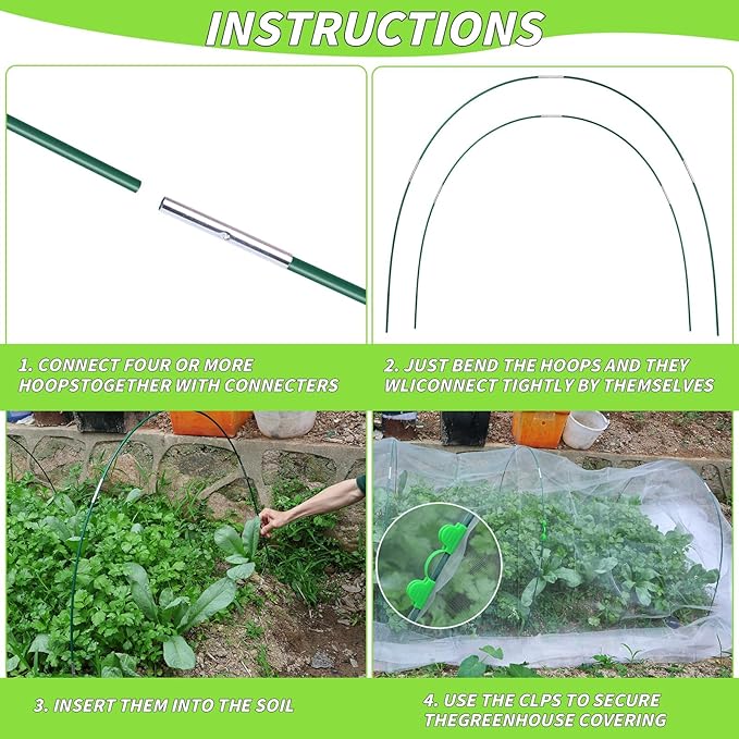 161 PCS Greenhouse Hoops for DIY Grow Tunnel, 12 Sets of 7 FT Long Garden Hoops Kit, Support Hoops Frame for Garden Netting Raised Bed Plant Row Cover, DIY Plant Support Garden Stakes