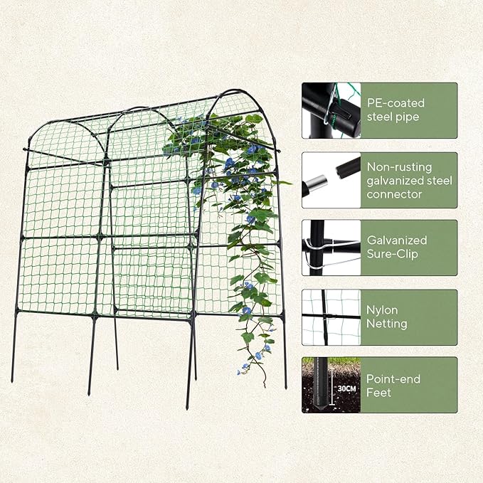 FOLLOOK Garden Arch Trellis for Climbing Plants Outdoor, 7.8 ft Tall Cucumber Trellis for Raised Bed, Plastic-Coated Metal Plant Support Vegetable Squash Pea Bean Grape Vine Arbor, Black