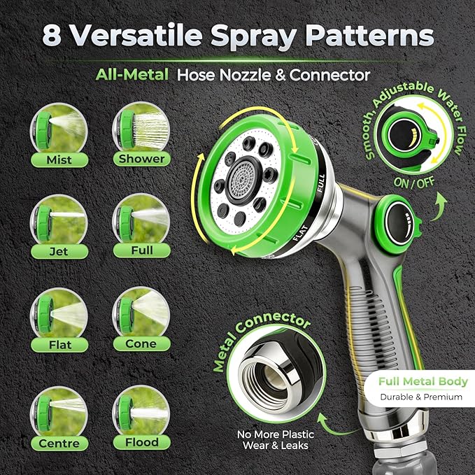 Garden Hose 100 Ft With 8-Pattern Spray Nozzle, 5/8" Lead-Free Flexible Water Hose With 3/4" Anodized Aircraft-Grade Aluminum Interface, Lightweight No-Kink Water Pipe For Lawn, Yard, Outdoor Cleaning