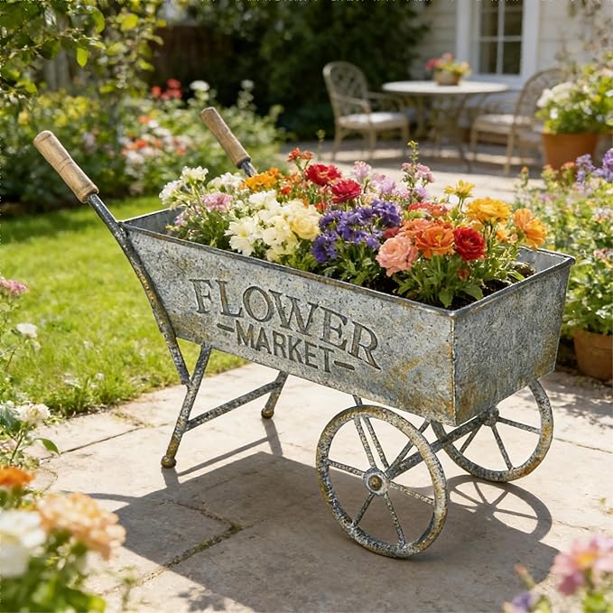 15 Inch Farmhouse Small Flower Cart with Wooden Handles Metal Wagon Planters for Outdoor Plants Decorative Wheelbarrow Plant Cart for Patio Garden Balcony Gray