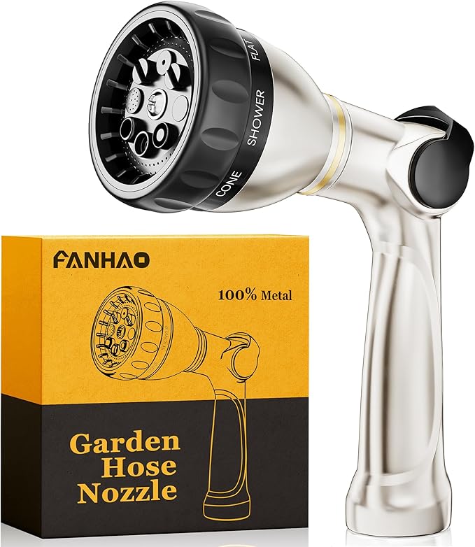 FANHAO Professional Garden Hose Nozzle Heavy Duty, 100% Metal Thumb Control Water Hose Sprayer with 8 Spray Patterns, High Pressure Water Nozzle for Watering Plant & Lawn, Washing Car & Pet