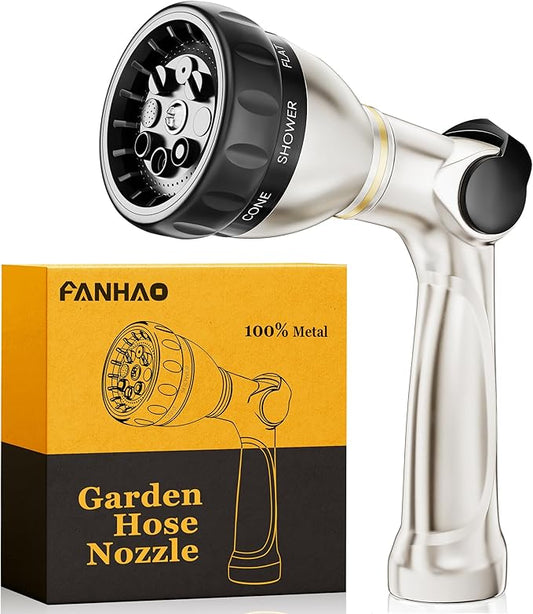 FANHAO Professional Garden Hose Nozzle Heavy Duty, 100% Metal Thumb Control Water Hose Sprayer with 8 Spray Patterns, High Pressure Water Nozzle for Watering Plant & Lawn, Washing Car & Pet