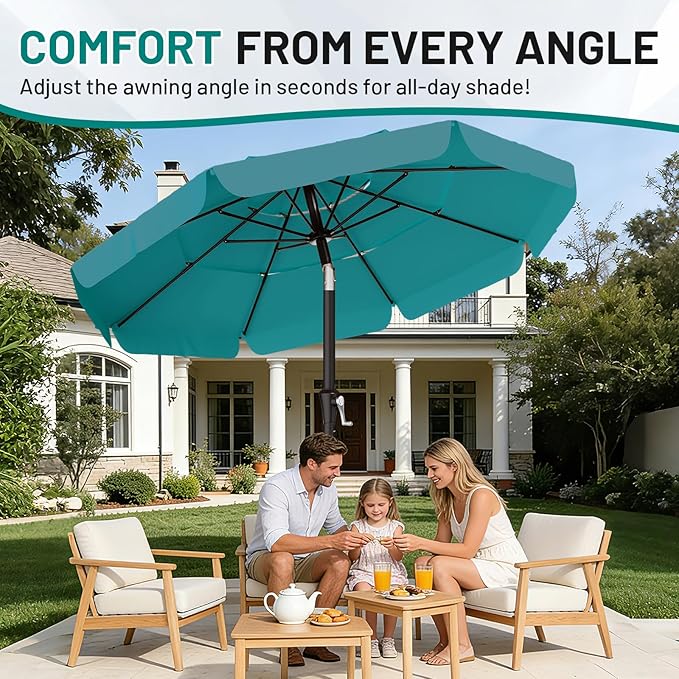AreShark 9FT 3-Tiers Patio Umbrella with Valance, Outdoor Umbrellas with Crank/Tilt, Table Market Umbrella Vented w/ 8 Sturdy Ribs for Garden, Deck, Backyard, and Pool, Lake Blue