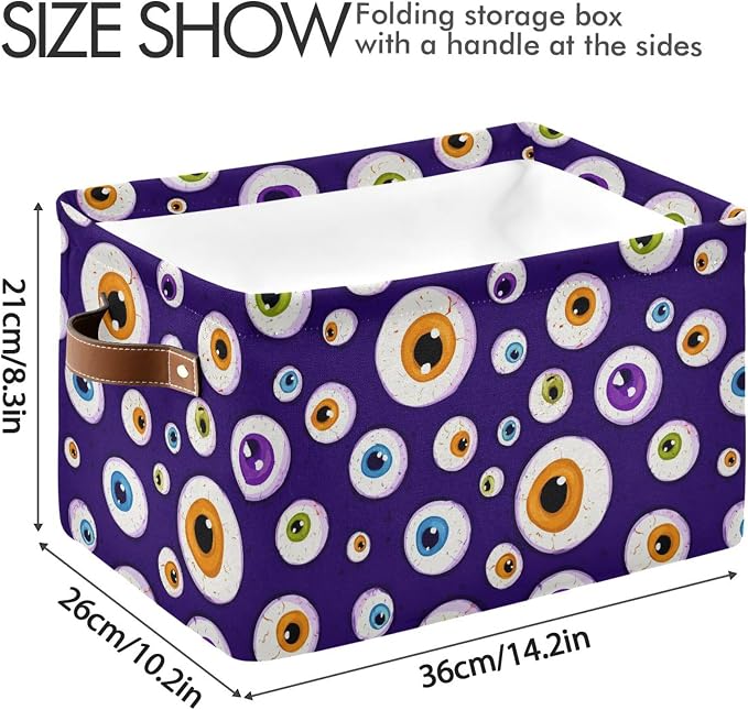 Wamika Halloween Eyes Storage Basket with Waterproof Liner and PU Handles Blue Spooky Ghost Storage Bins Boxes 14.2" Collapsible Decorative Organizer Baskets for Bedroom Closet Office 2 Pack