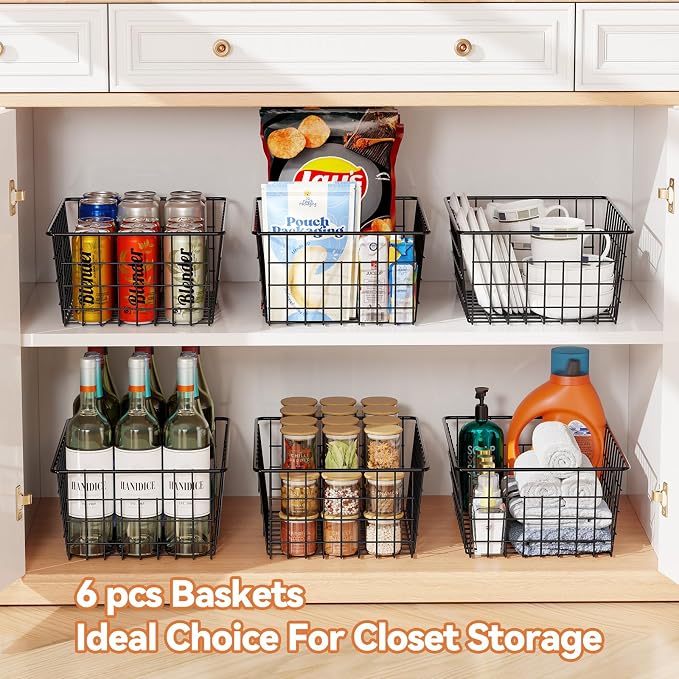 6 Pack Metal Wire Baskets, 15.4" x 11.8" Large Storage Basket for Organizing, Suitable for Kitchen Cabinet Pantry, Black