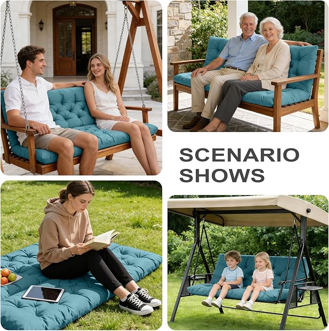 Porch Swing Cushions,Outdoor Cushions 3 Seater Replacement with Backrest, Waterproof Thickened Bench Cushion with Ties for Porch, Patio,Outdoor, Backyard and Garden (Lake Blue 47 * 40 in)