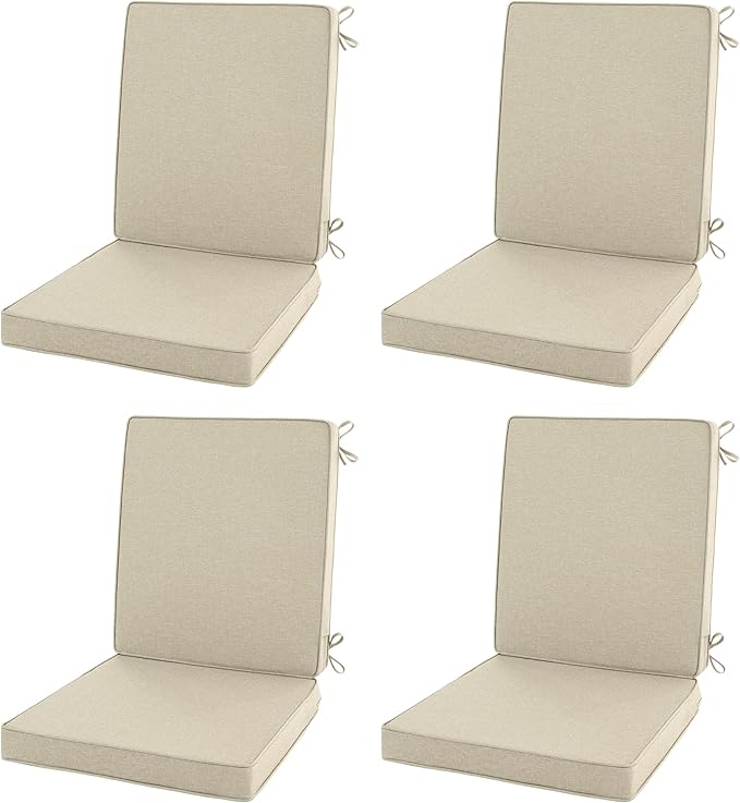 Outdoor Chair Cushions, Water-Resistant & Fade-Resistant, Patio Furniture Lawn Dining Chair Seat Replacement with Mid Back, Ties Zipper, Removable Cover, 18 x 16.5 Inch, Set of 4, Beige