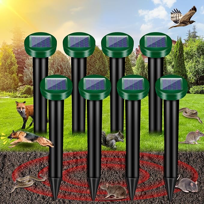 8Pack Mole Rat Repellent for Lawns, Solar Ultrasonic Chipmunk Groundhog Repeller Outdoor, Gopher Snake Repellent for Yard, Sonic Rodent and Vole Deterrent Spikes for Squirrel Armadillo Garden