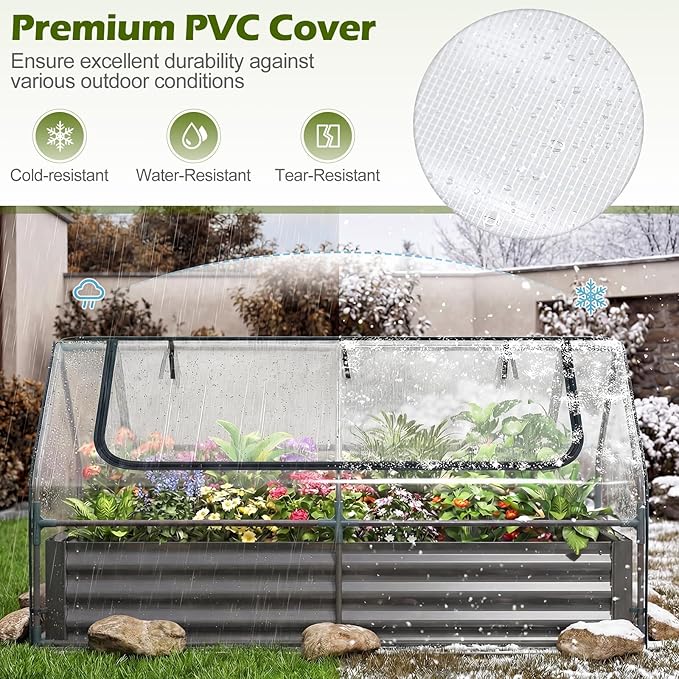 S AFSTAR Raised Garden Bed with Cover, 6FT x 3FT x 3FT Galvanized Bottomless Garden Bed with Greenhouse & Dual Roll-Up Screen Windows, Outdoor Metal Planter Box Kit with Cover (Black & Clear)