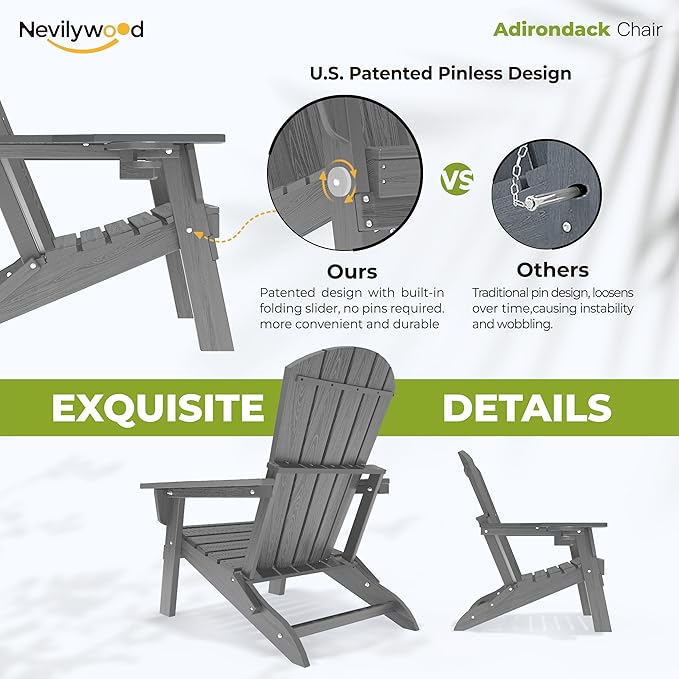 nevilywood HDPE Foldable Fire Pit Chairs Set of 2 with Cup Holders, Durable Faux Wood Look, Perfect for Patio, Backyard & Outdoor Gatherings, Grey
