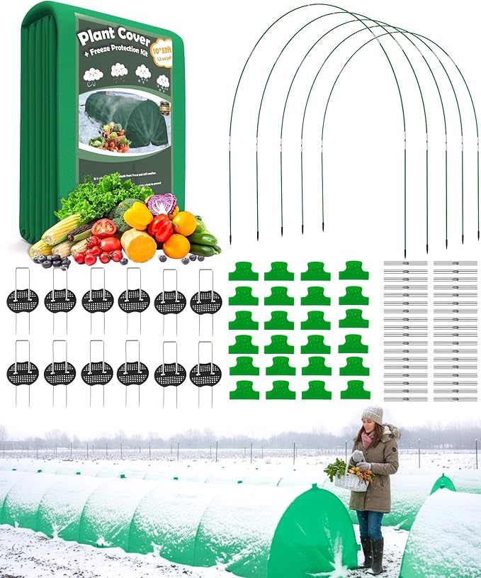 10ft x 30ft Plant Frost Protection Cover, 1.3 oz/yd² Reusable Freeze Blanket with 36 Hoops & 12 Stakes, Garden Greenhouse Tunnel for Winter Snow, Frost & Pest Protection on Outdoor Raised Beds