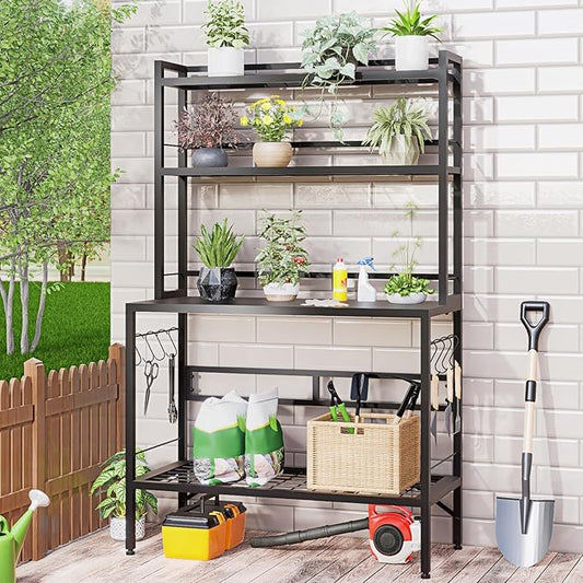 Outdoor Potting Bench Table with Storage, 63" Tall Metal Garden Workstation, 4-Tier Plant Stand Shelves with 8 Hooks, Heavy Duty All-Weather Potting Table for Patio, Backyard, Balcony, Black