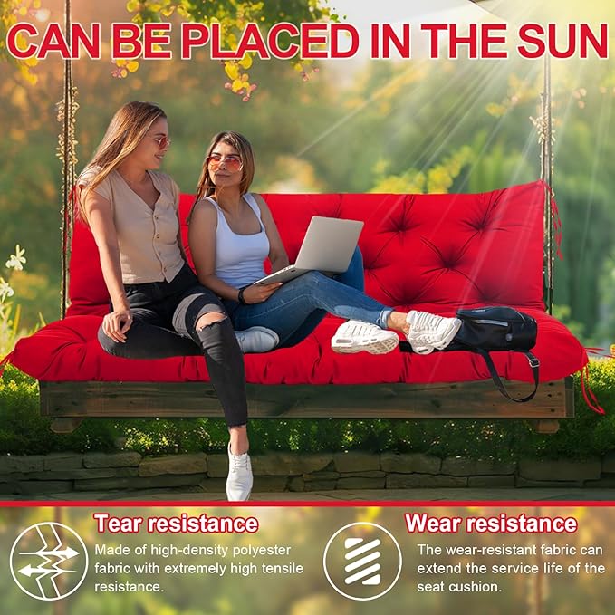 Extra Thick 5" Waterproof Porch Swing Cushions Outdoor 48 inch Swing Cushions 2-3 Seater Replacement with Backrest and Ties for Outdoor Furniture Patio Bench Garden (Bright red)