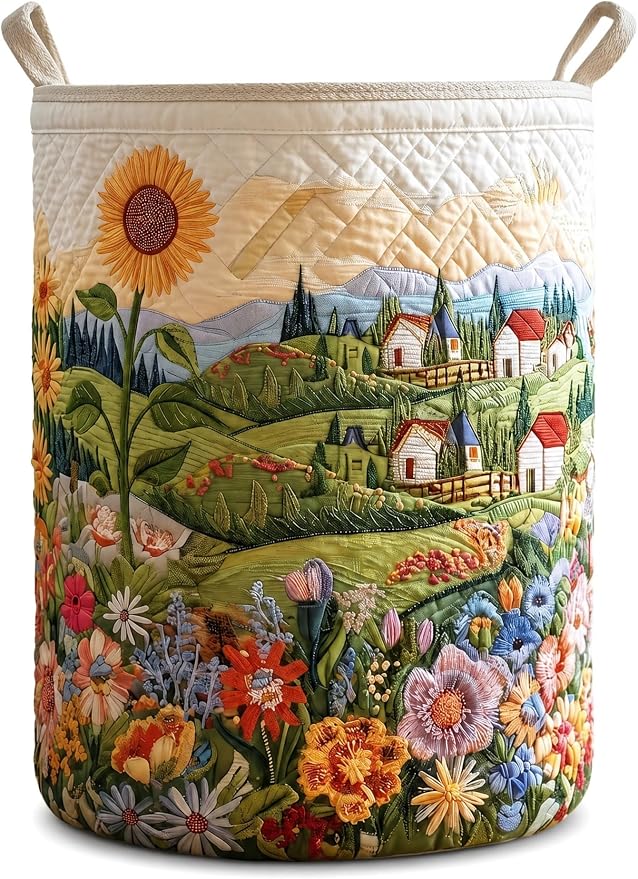 Quilted Laundry Basket with Handles, Boho Floral Quilted Storage Hamper, Large Capacity Laundry Hamper for Nursery Bedroom Laundry Room Home Decor (Pattern 09, Small (18"H x 14"W x 14"L))