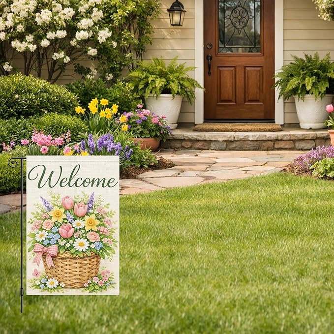 Heyfibro Welcome Spring Floral Basket Garden Flag 12x18 Inch Double Sided Spring Tulip Daffodil Garden Flag Small Yard Flags for Outside House Farmhouse Seasonal Outdoor Decorations