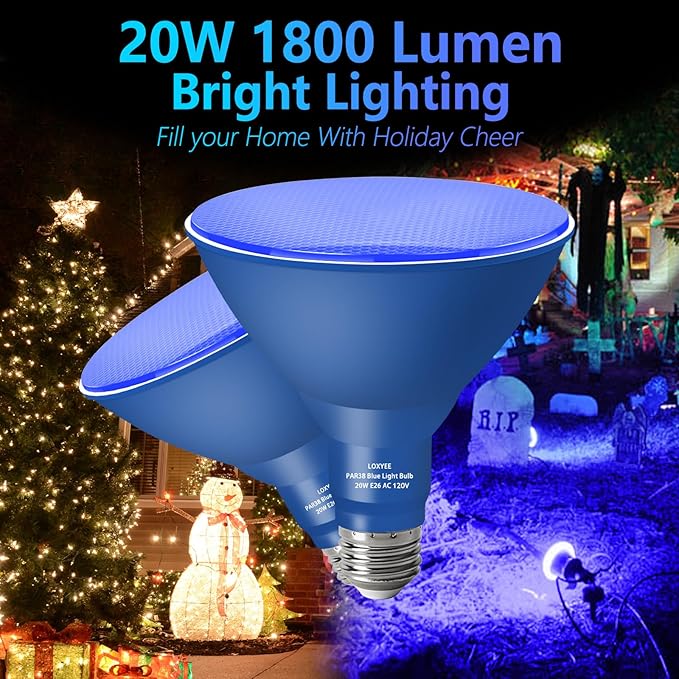 PAR38 Flood Blue Light Bulbs,2 Pack Dimmable,E26 Base Blue Flood Light Outoor(20W Replace to 200W),Halloween Light Bulb for Outside,Christmas,Holiday Lighting
