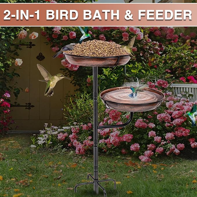 Metal Bird Bath for Outside, 41in Standing Bird Bath Feeder Bowl, Outdoor Freestanding Birdbaths Bowl, Double-Layer Bowl Bird Bath Stand for Garden Yard Patio Outdoor Decor, Upgraded 5-Pronged Base