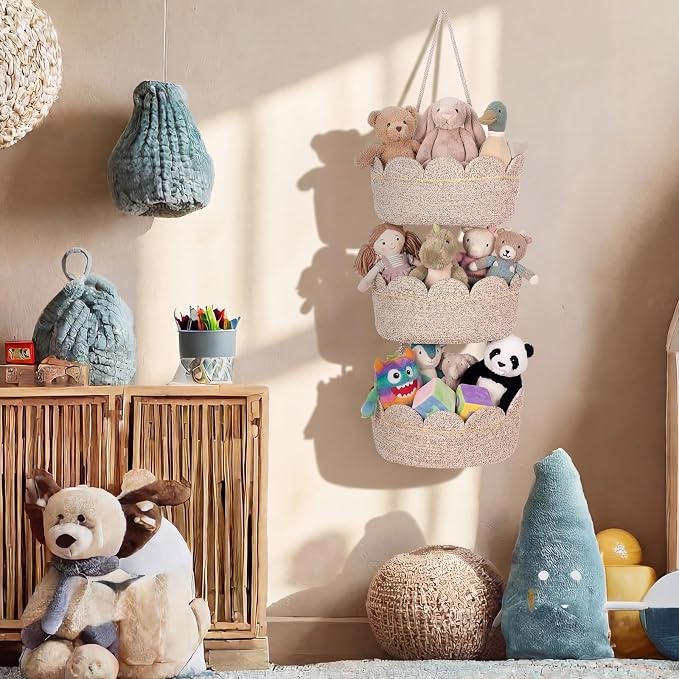 Mifoci Over The Door Hanging Baskets 3 Tier Scalloped Hanging Basket Organizer for Nursery Woven Cotton Wall Mounted Storage Organizer Decorative Boho Baskets for Kitchen Laundry Room Apartments Door