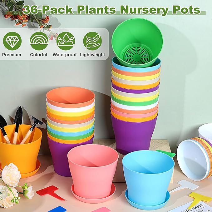 Hahood 36 Pack 5.5 Inch Plastic Plant Pots with Saucers Colorful Flower Plant Container Seed Starting Pots Thickened Seedlings Nursery Pots for Home Garden Indoor Outdoor Flowers, 9 Colors