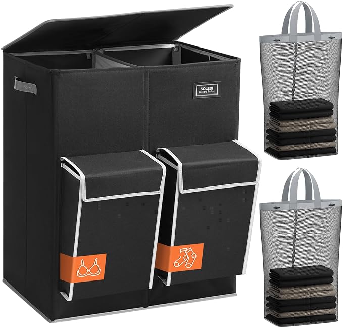 SOLEDI 180L Double Laundry Hamper with Lid and 2 Side Pockets, Dual Hamper