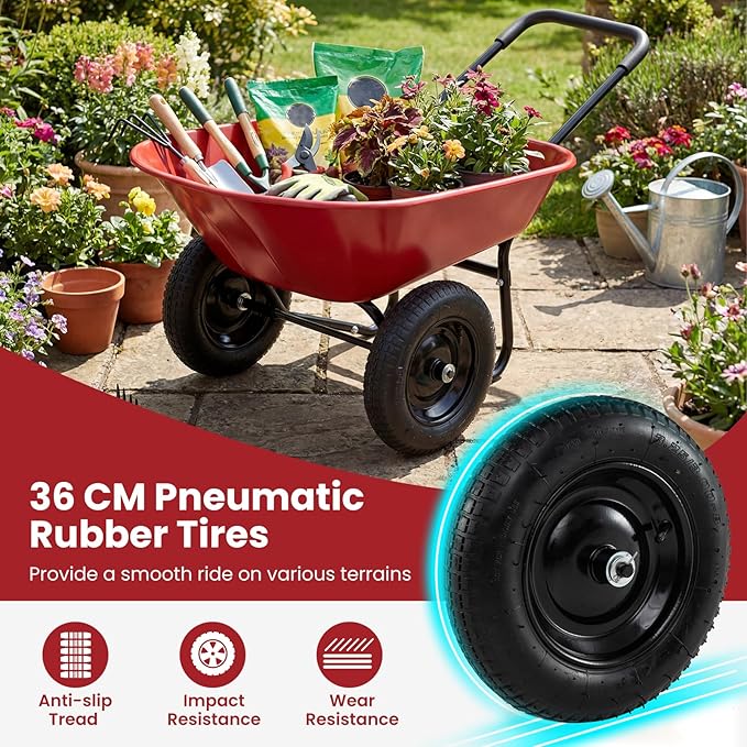 Enlarged Dual-Wheel Wheelbarrow, Easy Loading and Dumping Garden Cart, Heavy Duty Utility Dump Cart for Lawn, Yard, Farm, Gardening & Planting (Red)