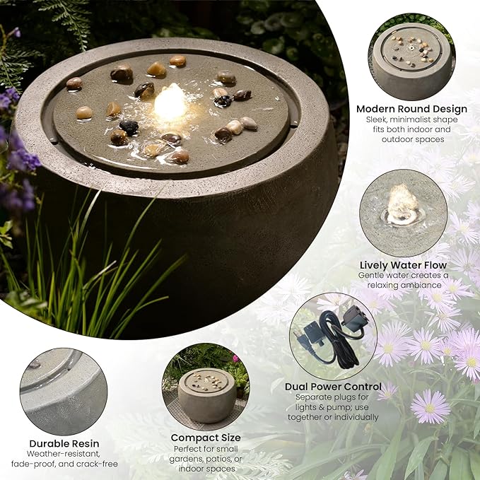 Tankana Garden Water Fountain Outdoor Large Round Bubbler Water Feature Indoor with Lights & Pump and Pebbles Concrete Effect for Patio Pool Pond Yard Home Decor Gray, 25 "L X 25" W X 17.5" H