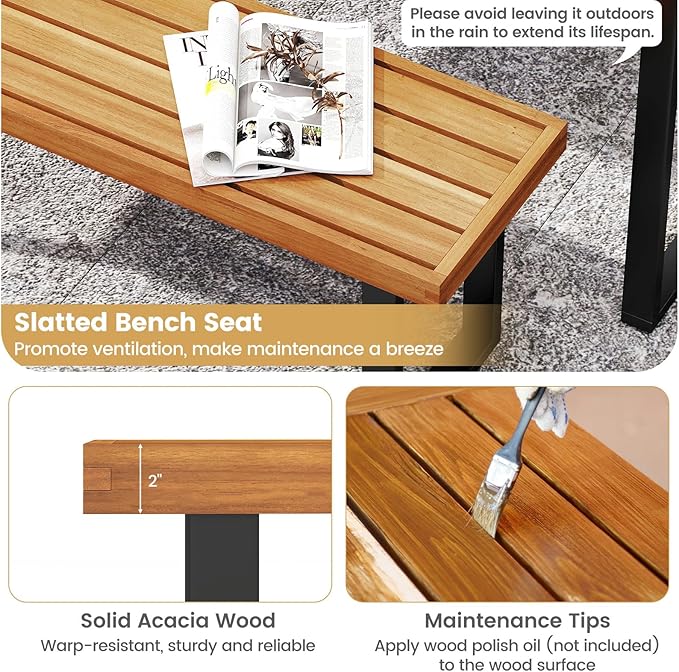 Tangkula Acacia Wood Outdoor Bench, 48" Long Patio Dining Bench w/Metal Legs, Slatted Seat, Backless Picnic Bench, Farmhouse Furniture for Garden Poolside Porch Balcony Deck Indoor (1,Natural)
