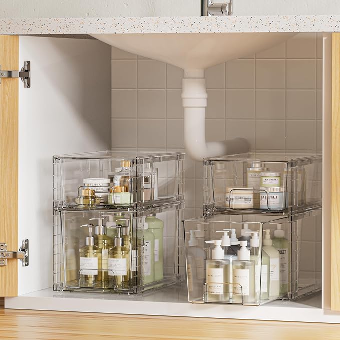 Vtopmart Clear Stackable Storage Drawers, 8 Pack Mixed Organizer Set | Medium and Small Pull-Out PET Drawers with Stackable Design for Flexible Organization, Cabinets, Closets, Pantry
