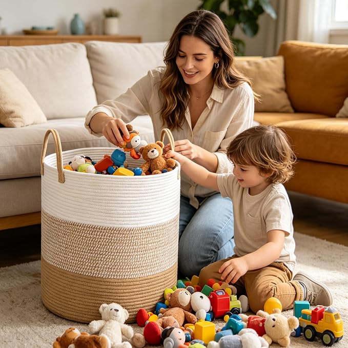 55L Woven Laundry Basket,Large Clothes Hamper with Handles- Yellow