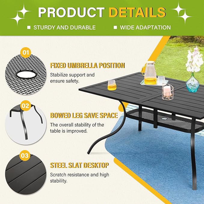 Patio Dining Table, 60" x 37"Outdoor Rectangular Metal Table,1.57" Umbrella Hole, for Backyards, Porches, Gardens or Poolside, Black