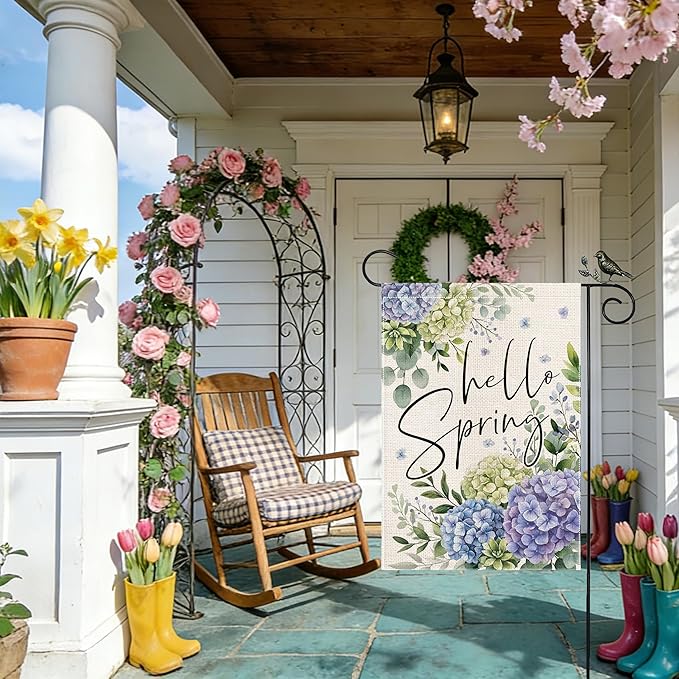 GEEORY Hello Spring Hydrangea Eucalyptus Garden Flag 12x18 Inch, Double Sided Spring Summer Decor, Farmhouse Rustic Outdoor Floral Flag Outside Yard Lawn Decoration