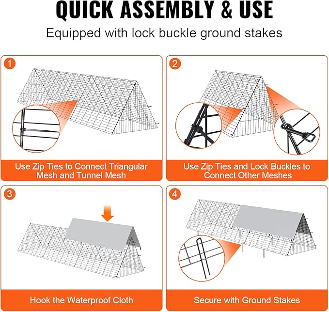 VEVOR Chicken Tunnels for Yard, Metal Poultry Playpen for Outside with Waterproof Cover & Corner Frames, 118.1 x 28 x 24.2 inch (LxWxH), Easy to Setup, Also Widely Used for Ducks, Rabbits, Geese Coop