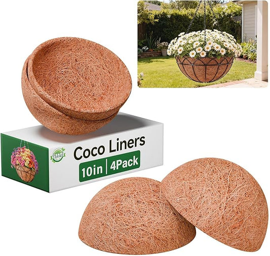 Halatool 4 Pack 10 Inch Coconut Liners for Planters Round Coco Coir Hanging Basket Liner for Flowers Vegetables Balcony Garden Patio Porch Home Decor