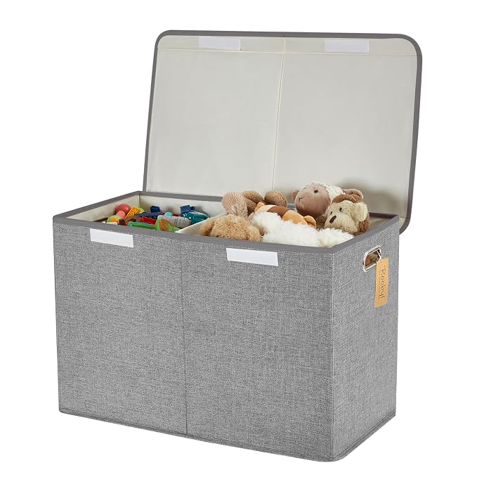 Large Toy Storage Box with Lid, Collapsible Toys Storage Organizer Bins with Dividers and Handles, Storage Chest Bin for Kids, Boys, Girls, Nursery 25"x13" x16" (Gray)